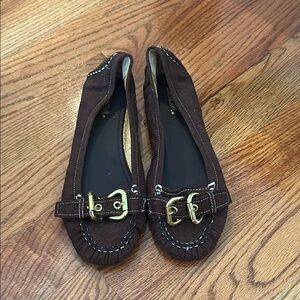 Soda Brown Moccasin Flats with Gold Buckles